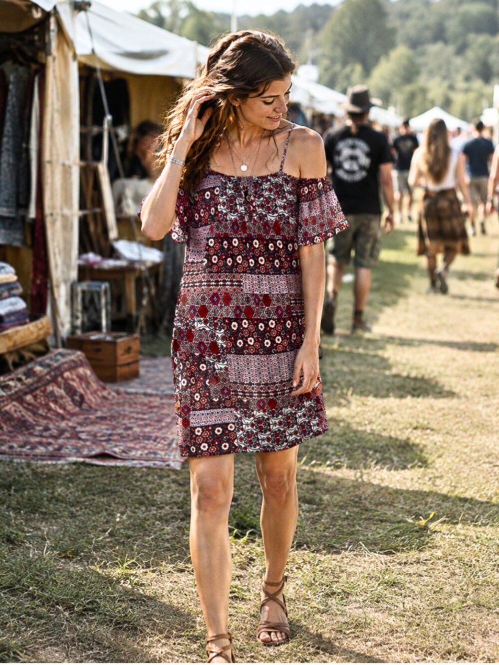 Ella Moon Women's Boho Vibe Cold Shoulder Smocked Dress Patchwork NEW NWT MED